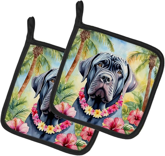 Caroline's Treasures Neapolitan Mastiff Luau Pair of Pot Holders Kitchen Heat Resistant Pot Holders Sets Oven Hot Pads for Cooking Baking BBQ, 7 1/2 x 7 1/2