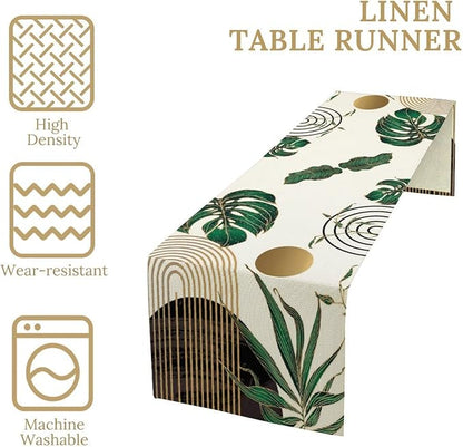 Abstract Emerald Green Table Runner Retro Boho Tropical Leaves Sun Geometric Arch Minimalisted Modern Seasonal Dinner Runner for Farmhouse Home Kitchen Holiday Party Decor 13x36in