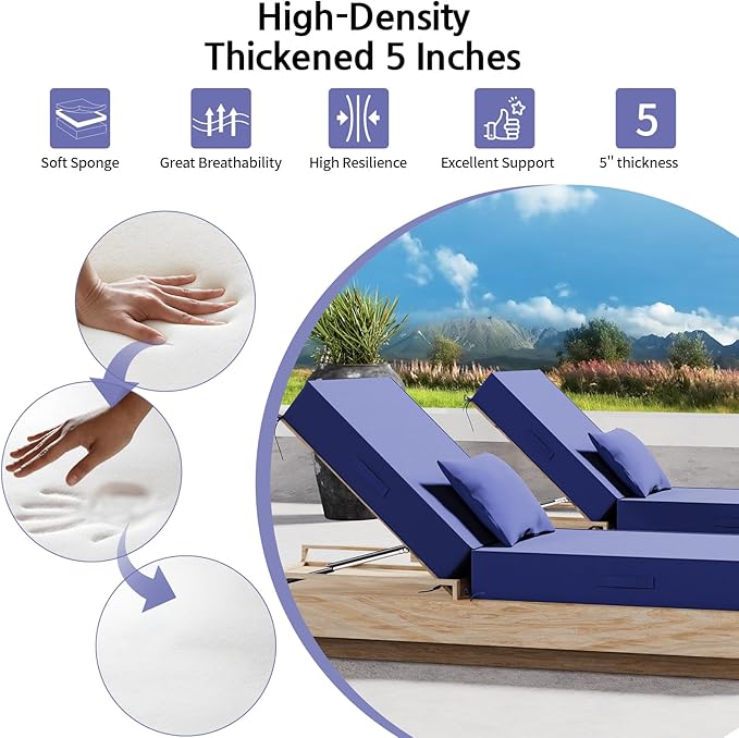 Outdoor Water-Resistant Olefin Chaise Lounge Cushions with Pillow, Weather and Fade Resistant Patio Furniture Lounge Chair Cushion Ideal for Patio, Lawn, Garden, Dark Blue, 72"L x 21"W x 5"T