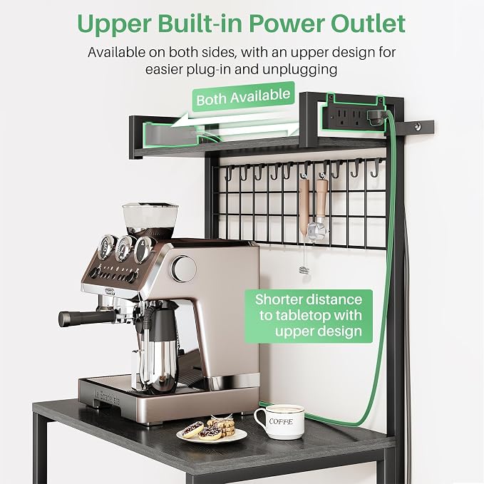 SNTD Bakers Rack with Power Outlet, Microwave Stand, Grey, 23.5" W | Coffee Stand, 4 Tiers Kitchen Storage Shelves, Wire Grid Panel, 10 Hooks, Metal Frame, Triple X-Shaped Reinforcement