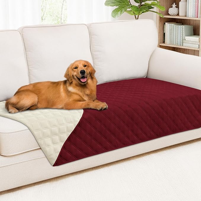 Smiry Waterproof Reversible Pet Couch Covers for Dogs | Pet Friendly, Soft Fabric, Washable Sofa Furniture Protector for Dogs Cat Kids, Checkered (40"x70", Wine Red/Beige)