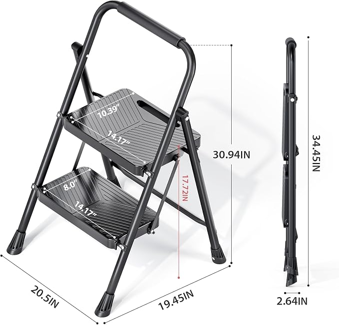 KINGRACK 2 Step Ladder, Folding Step Stool with Anti-Slip Pedals | Heavy Sturdy Steel ladder with Handrail, Safe-Lock Design, Multi-Purpose, Home, Kitchen, Pass 500lbs Load Testing, Black
