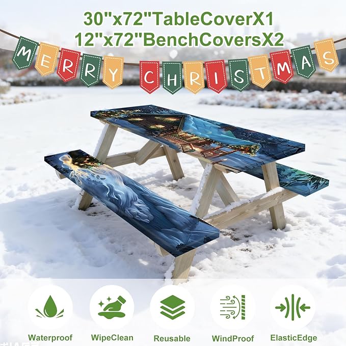 Christmas Picnic Table Cover with Bench Cover, Outdoor Picnic Table Elastic Tablecloth, Green Santa Claus and Reindeer Design, Camping, Barbecue and Holiday Party Tablecloth
