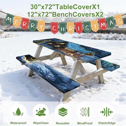 Christmas Picnic Table Cover with Bench Cover, Outdoor Picnic Table Elastic Tablecloth, Green Santa Claus and Reindeer Design, Camping, Barbecue and Holiday Party Tablecloth