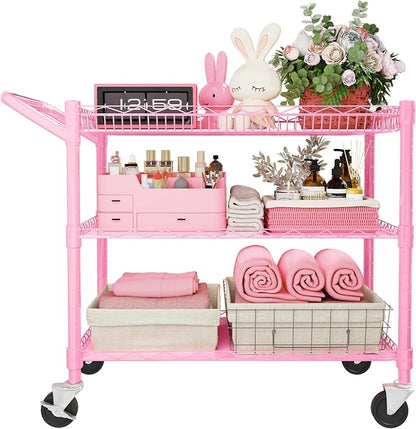YNN Pink Rolling Cart, 990Lbs 3 Tier Heavy Duty Metal Cart with Wheels & Handle NSF Wheeled Cart 31" D x 18" W x 33" H for Bedroom, Bathroom, Kitchen,Garden,Decor,Serving