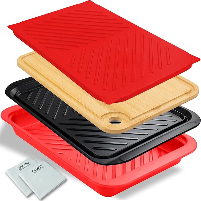 ECOIOU Grilling Prep and Serving Tray with Lid, Bamboo Cutting Board | BBQ Deep Trays for Marinating Raw and Cooked Food, Melamine Serving Trays for Food, Black and Red
