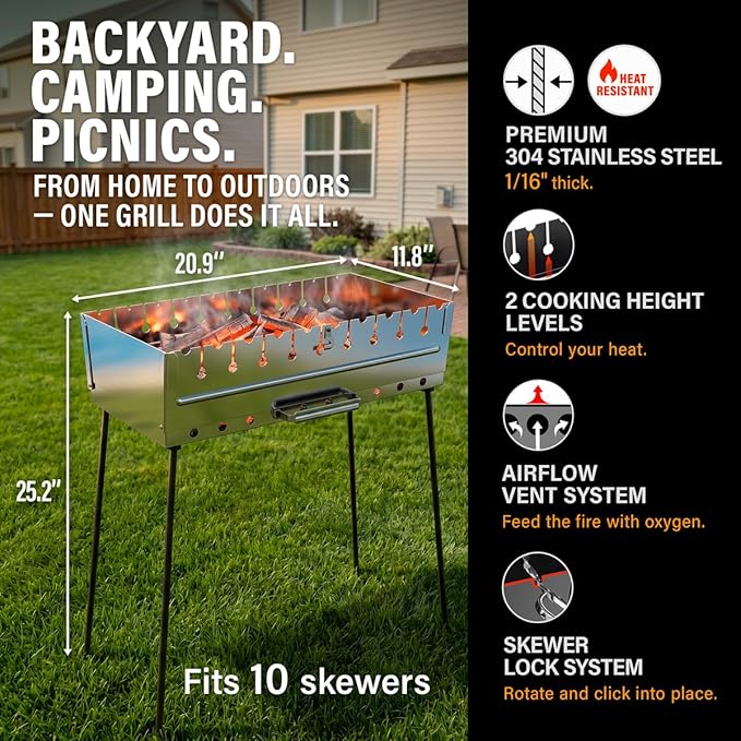 Stainless Steel Charcoal Grill for 10 Skewers – Portable BBQ 20.87"×11.81"×25.2" – Foldable Kabob Mangal – Durable Rustproof Grill for Picnic & Camping (Skewers Not Included)