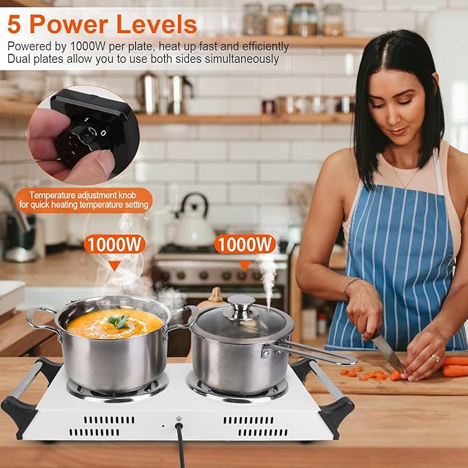 Electric Hot Plate, 2000W Countertop Double Burner with Adjustable Temperature & Handles, Stainless Steel Coil Electric Stove for Cooking Cooktop for Home Kitchen Dorm RV Camp, White
