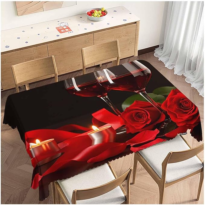 Wine Table Cloth Rectangle Table 52"X70", Romantic Red Wine Glasses Rose Wipeable Table Cover for Dinner Kitchen, Indoor Outdoor Tablecloth for Party Banquets Weddings