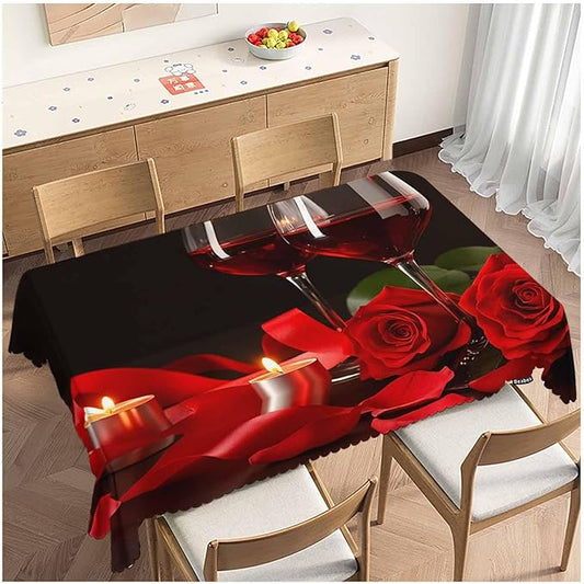 Wine Table Cloth Rectangle Table 52"X70", Romantic Red Wine Glasses Rose Wipeable Table Cover for Dinner Kitchen, Indoor Outdoor Tablecloth for Party Banquets Weddings