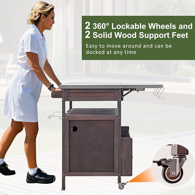 Outdoor Grill Cart with Stainless Steel Top, 40.5”Solid Wood BBQ Prep Table for Pizza Oven, Mobile Outdoor Kitchen Island with Drop Leaf, Storage Cabinet, Towel Rack & Spice Holder for Patio