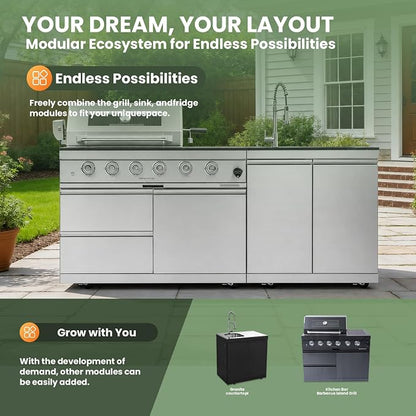 79" Modular Outdoor Kitchen with 4 Burners 72,000 BTU Natural Gas Grill,Rotisserie Oven,Side Burner,Sink & Marble Countertop.Gas Grill for Backyard and Patio.(Natural Gas)