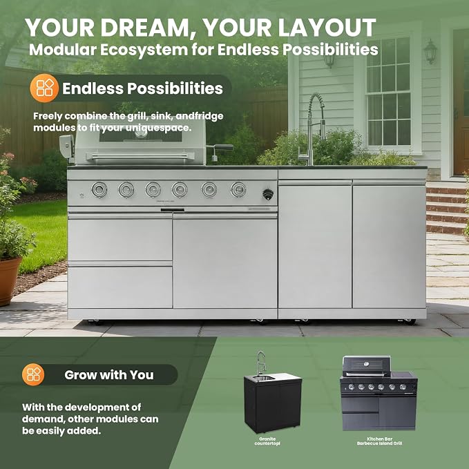 79" Modular Outdoor Kitchen with 4 Burners 72,000 BTU Propane Grill,Rotisserie Oven,Side Burner,Sink & Marble Countertop.Gas Grill for Backyard and Patio.(Propane)