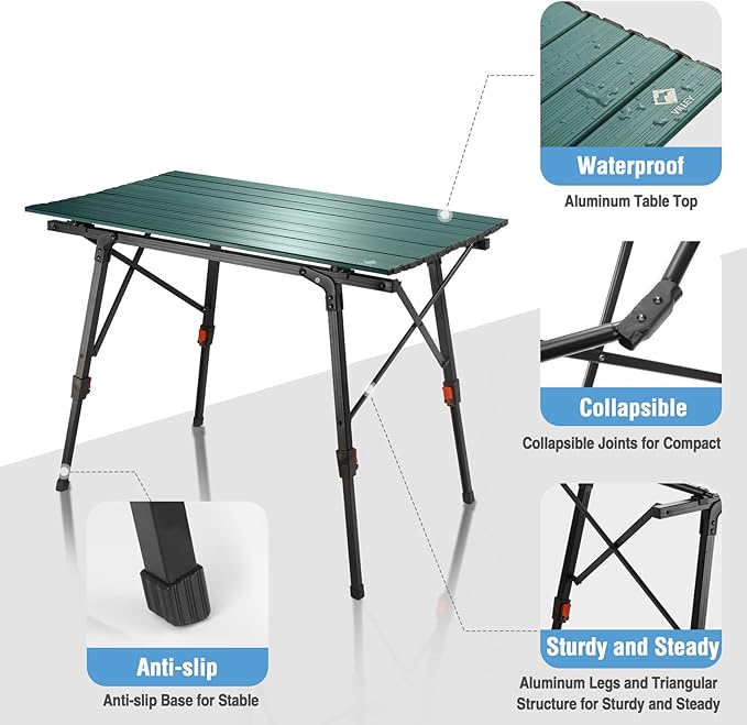 VILLEY Portable Camping Table with Adjustable Legs, Lightweight Aluminum Folding Beach Table with Carrying Bag for Outdoor Cooking, Picnic, Beach, Backyards, BBQ and Party - Green