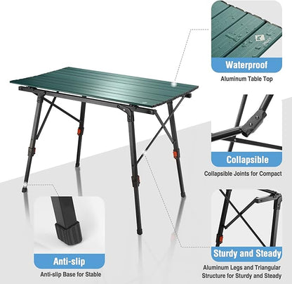 VILLEY Portable Camping Table with Adjustable Legs, Lightweight Aluminum Folding Beach Table with Carrying Bag for Outdoor Cooking, Picnic, Beach, Backyards, BBQ and Party - Green