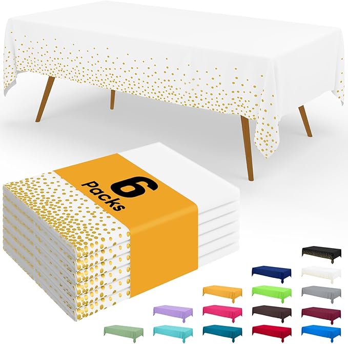 Smiry Disposable Table Cloth - 6 Pack, 54 x 72 Inch Waterproof Rectangle Tablecloths for New Years, Decorative Plastic Table Cover, Leakproof & Sturdy, White & Gold