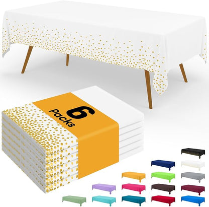 Smiry Disposable Table Cloth - 6 Pack, 54 x 156 Inch Waterproof Rectangle Tablecloths for New Years, Decorative Plastic Table Cover, Leakproof & Sturdy, White & Gold