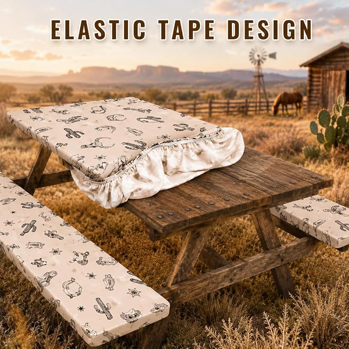 Cinrobiye 3PCS Western Cowboy Picnic Table Cover Set with Bench Covers Fitted Waterproof Rodeo Tablecloth Windproof Elastic Outdoor Camping Picnic Table Cover Rustic Western Party Decor 72 x 30 Inch