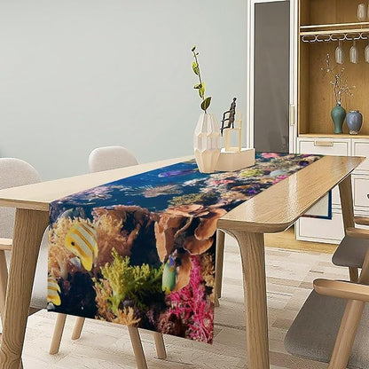 Blue Underwater World Table Runner, Summer Ocean Fish Under The Sea Tropical Turtle Shark Pattern Dinner Runner for Home Kitchen Dining Table Decor Fabric 1 Panel 13x70in