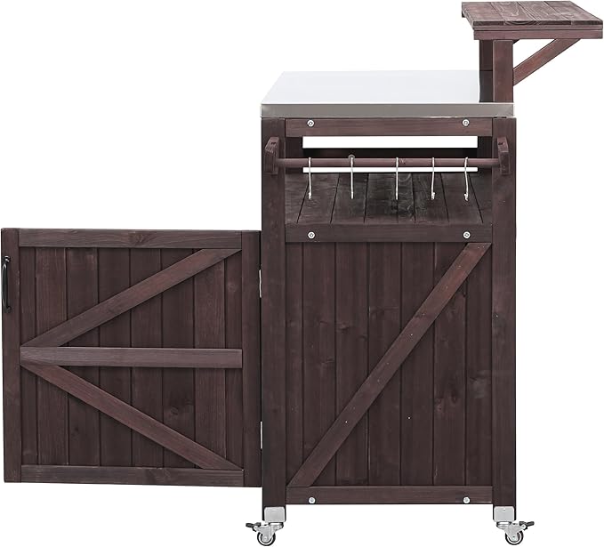 Outdoor Kitchen Island with Raised Shelf, Storage Cabinet with Stainless Steel Top,Outdoor Rolling Grill Cart with Internal Storage Rack, Adjustable Shelf,Spice Rack (Brown-@Outdoor cart)