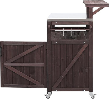 Outdoor Kitchen Island with Raised Shelf, Storage Cabinet with Stainless Steel Top,Outdoor Rolling Grill Cart with Internal Storage Rack, Adjustable Shelf,Spice Rack (Brown-@Outdoor cart)