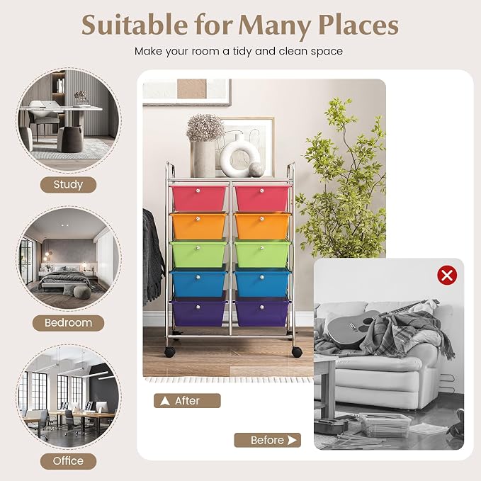 HOMGX Rolling Cart with 10 Drawers, 10 Tiers Multicolor Trolley, Drawer Bin Carts with 2 Lockable Wheels, Adjustable File & Debris Organizer Cart, Rolling Storage Cart for Office, School, Home