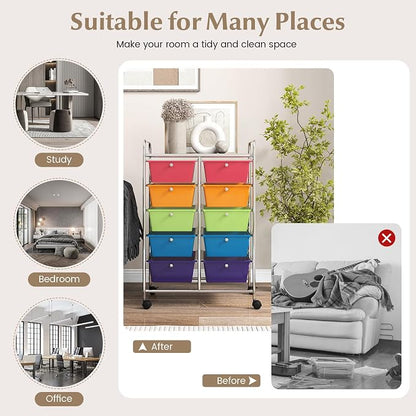 HOMGX Rolling Cart with 10 Drawers, 10 Tiers Multicolor Trolley, Drawer Bin Carts with 2 Lockable Wheels, Adjustable File & Debris Organizer Cart, Rolling Storage Cart for Office, School, Home