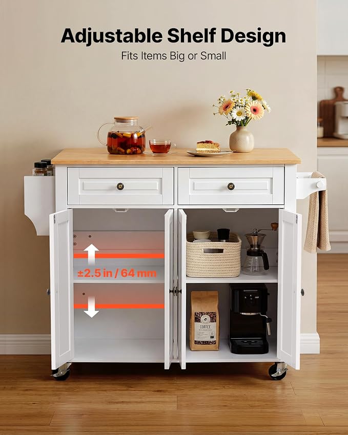 VEVOR Kitchen Island Cart with Storage, 43.58 in Wide Mobile Rolling Storage Island on Swivel Wheels, with 2 Drawers, Storage Cabinet, Drop Leaf, Spice/Towel Rack, Table for Home Dining Room, White