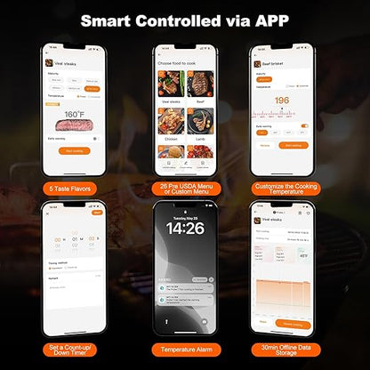 4 Probes Bluetooth Meat Thermometer Digital, Wireless Meat Thermometer for BBQ, Oven, Smoker and Air Fryer, IP67 Waterproof and Dishwasher Safe （14B-1）