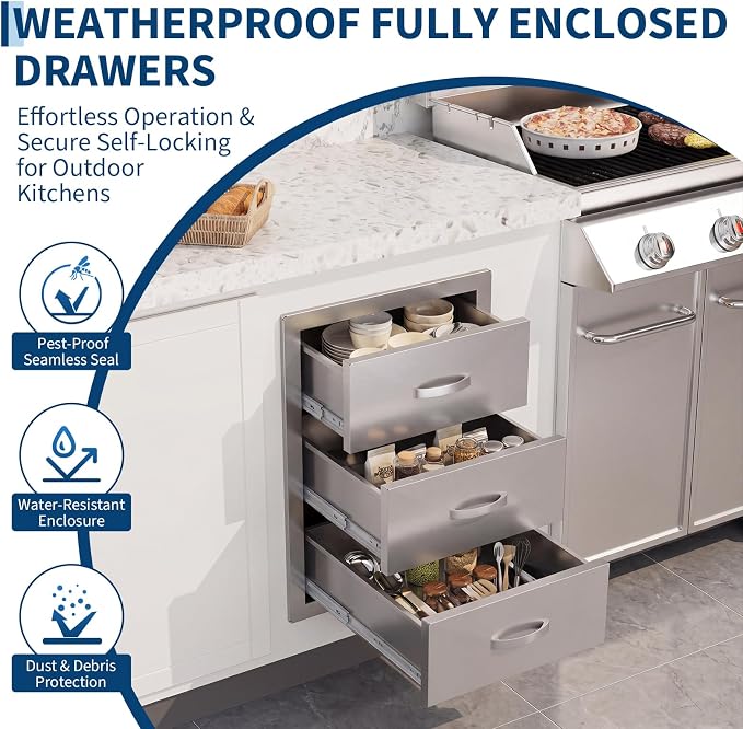 Garvee Outdoor Kitchen Drawers 15.7"WX17.7"DX21.6" H, Flush Mount Access BBQ Drawers with full Stainless Steel,Weatherproof & Rust-Resistant,for Outdoor Kitchen Island, Patio Grilling Tools & Spices | Stainless Steel - Weatherproof Rust-Resistant Drawe...
