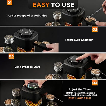 Electric Whiskey Smoker Kit with 0-60s Adjustable Timer, No Butane Needed, Cocktail Bourbon Drink Smoker Infuser Kit Smoke Whisky Set with 6 Wood Chips Flavors, Birthday Gifts for Men, Dad, Husband