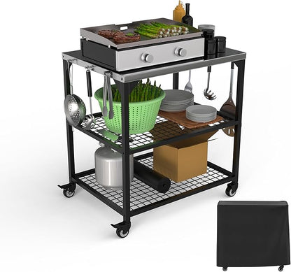Outdoor Grill Cart Stainless Steel Pizza Oven Trolley Stand on Wheels Three-Shelf Movable Food Prep and Work Table Heavy Duty Grill Carts 31"×24"×35"