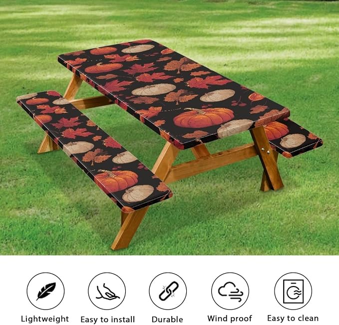 Thanksgiving Elastic Fitted Table Cloth for Outdoor Camping Red Maple Leaf Pumpkin Camping Table Cloth for Picnic Table 3 PCS Set