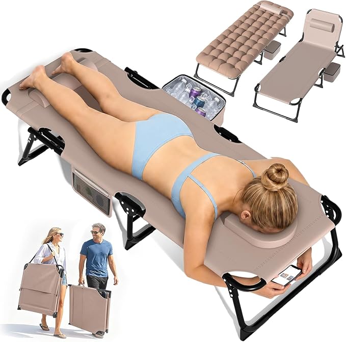 Suteck Tanning Chair with Face Hole, Folding Beach Lounge Chairs, Beige | Adjustable 5-Position Reclining Chaise, Removable Cushion & Pillow, Cooler Bag, 500Lbs Heavy-Duty for Outdoor Camping& Home