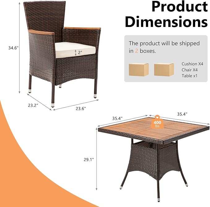 RoyalCraft 5 Piece Patio Wicker Dining Sets for 4, Water-Resistant Rattan Outdoor Dining Table and 4 Chairs with Wood Table Top, Conversation Set for Deck, Garden, Backyard, Removable Cushions, Brown