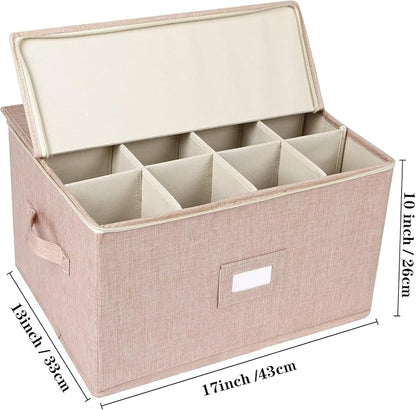 Wine Glass Storage Box, Stemware Storage Containers Cases with Dividers | Glassware Storage Containers Holds 24 Red or White Wine Glasses, Hard Top and Sides (2 Pack Beige)