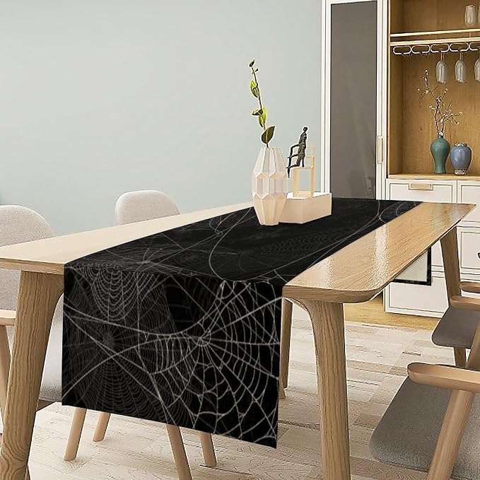 Halloween Spider Web Table Runner Fall Black Burlap Table Runners Autumn Rustic Dining Table Decor for Kitchen Dining Banquet Party Home Decor 13 x 70 Inch