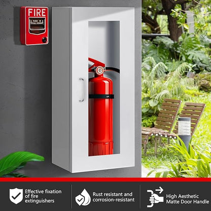 Fire Extinguisher Cabinet Wall with Magnetic Door & Handle for 5-12 pounds Extinguisher, 23.6" H x 10.2" W x 6.7"D White Steel Fire Extinguisher Mount for Indoor Outdoor with Full Clear Acrylic Door