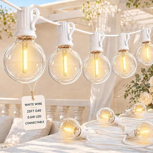 Abeja 25Ft LED Outdoor String Light, Patio Globe String Lights with 27 Shatterproof LED Clear Bulbs(2 Spare), Hanging Patio String Lights for Backyard Decor Bistro Party Yard Decor- White Wire
