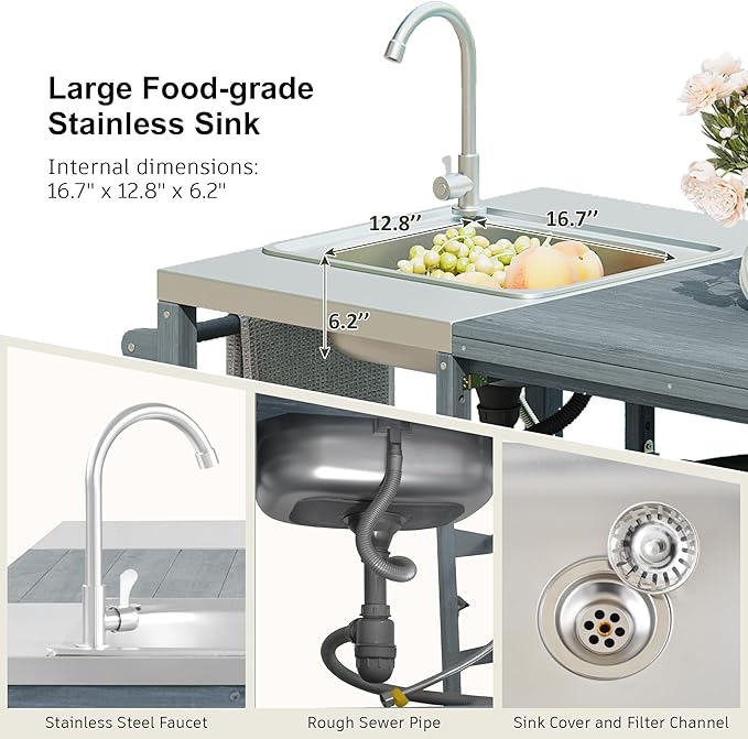 75.4" Outdoor Kitchen Island with Sink, Solid Wood Grill Cart for XL Big Green Egg, Rolling Outdoor Bar Cart with Stainless Steel Top, Adjustable Shelves, 6 Wheels for BBQ Pizza Prep