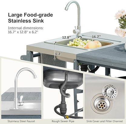 75.4" Outdoor Kitchen Island with Sink, Solid Wood Grill Cart for XL Big Green Egg, Rolling Outdoor Bar Cart with Stainless Steel Top, Adjustable Shelves, 6 Wheels for BBQ Pizza Prep