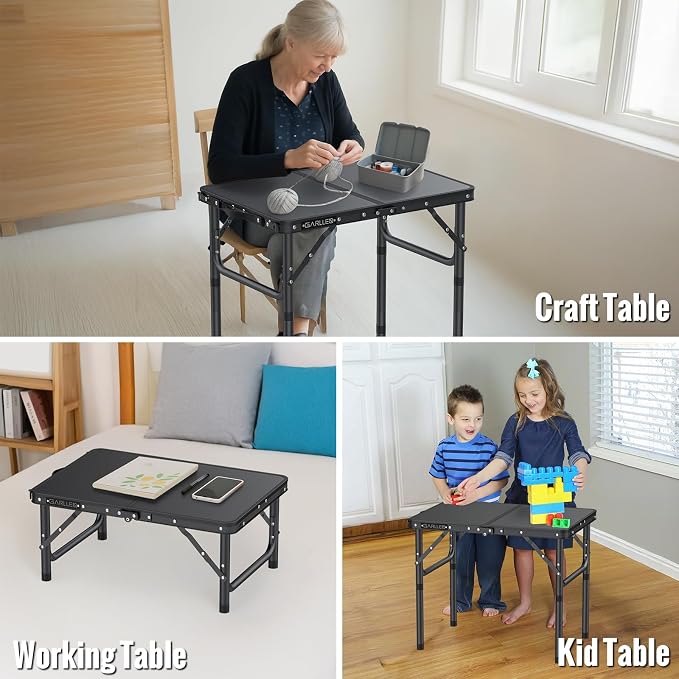 GARLLEN 2ft Folding Camping Table Max Capacity 66lbs, 3 Adjustable Height Folding Grill Table with MDF Tabletop, Lightweight Folding Tables for BBQ, Travel, Picnic, 22.8" L x 15.7" W