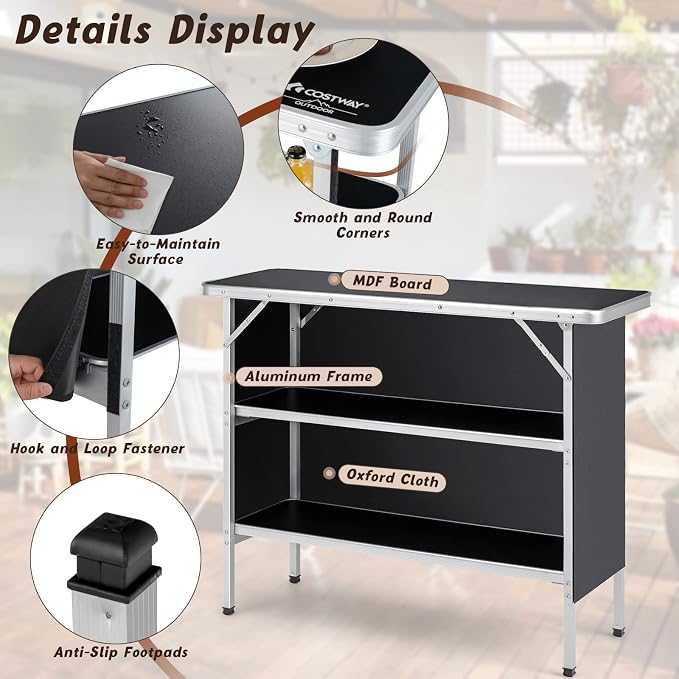 GIANTEX Portable Bar Table for Events, Folding Mobile Bartending Station with Storage Shelves, Removable Privacy Skirt, Carrying Case, for Parties, Catering, Trade Shows (Black, 43.5''L x 34.5''H)