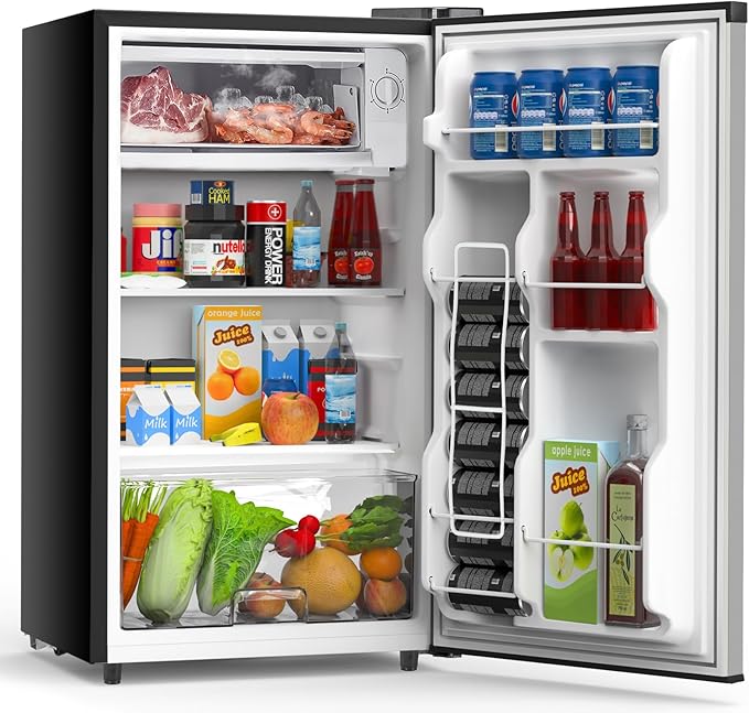 OLIXIS Mini Fridge with Freezer, 3.2 Cu.Ft Single Door Refrigerator with Adjustable Thermostat, Small Compact Refrigerator for Bedroom, Office, Dorm, Sliver