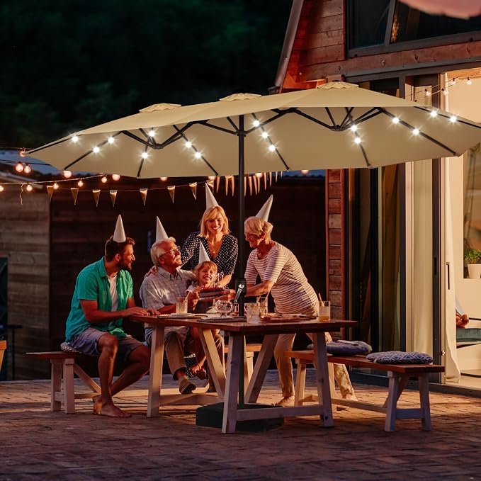 ABCCANOPY 15FT Solar LED Double-Sided Umbrella with Base, Khaki | Rectangular Outdoor Table Umbrella with Crank, Heavy Duty Market Umbrella Shade for Garden,Poolside, Lawn, Backyard