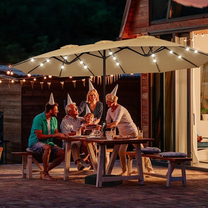 ABCCANOPY 15FT Solar LED Double-Sided Umbrella with Base, Khaki | Rectangular Outdoor Table Umbrella with Crank, Heavy Duty Market Umbrella Shade for Garden,Poolside, Lawn, Backyard
