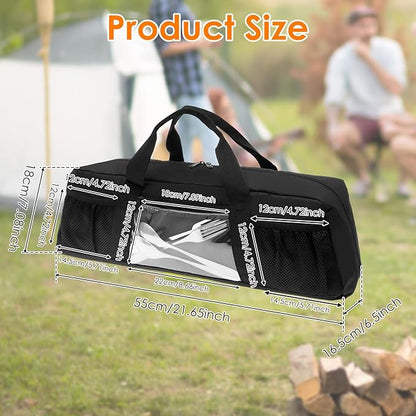 Grill Tool Storage Bag, Outdoor BBQ Utensil Storage for Barbecue Tool up to 21", Grill Utensil Storage with Zippered Pocket and Mesh Pockets, BBQ Accessories Case Container for Camping（Only Bag）