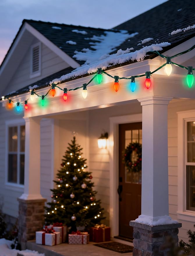 C7 Multicolor Ceramic Christmas Lights Outdoor, 26Ft Vintage Christmas Decorations Lights with 27 5W Incandescent Ceramic Bulbs(2 Spare), Hanging Old Fashioned String Lights for Patio Party Xmas Decor