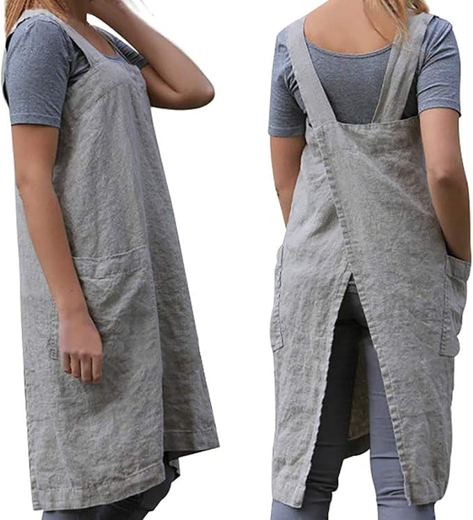TBA Cotton Linen Apron Cross Back Apron for Women with Big Pockets Square Pinafore Dress for Baking Cooking BBQ & Grill