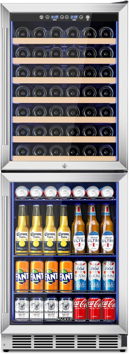 24 Inch Wide Wine and Beverage Cooler, 2 IN 1 Beverage Refrigerator with Glass Door, Dual Zone Wine Fridge Built-In/Freestanding, Beverage Wine Fridge for Home/Bar, 77 Bottle & 180 Can, Silver